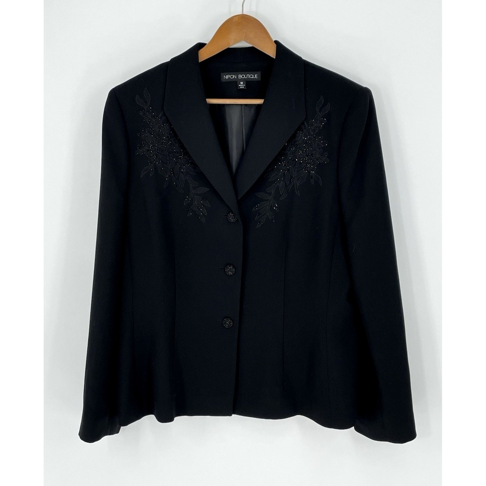 Nipon Boutique Womens Size 18 Blazer Black Studded Beaded Floral Jacket Lined‎
